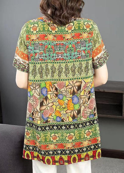 Green O Neck Print Patchwork Silk Shirt Tops Summer