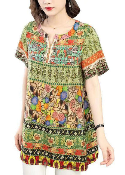 Green O Neck Print Patchwork Silk Shirt Tops Summer