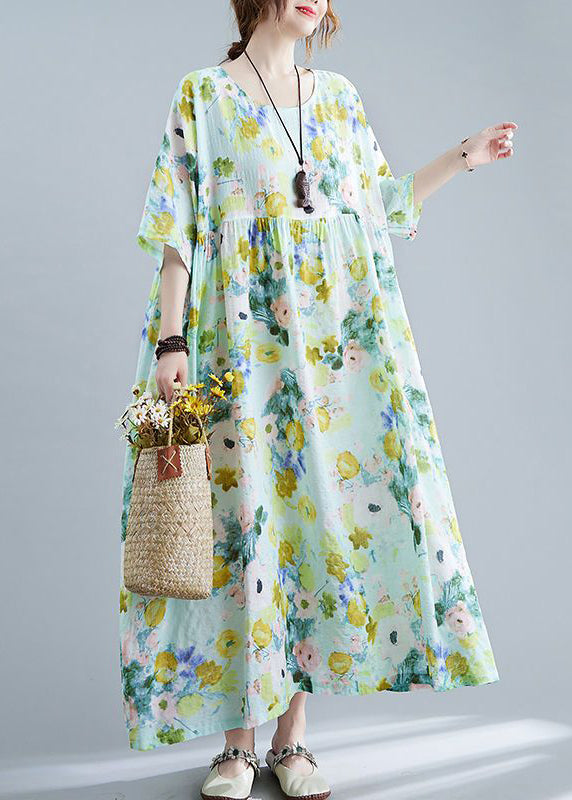 Green Oversized Print Cotton Maxi Dresses Summer
