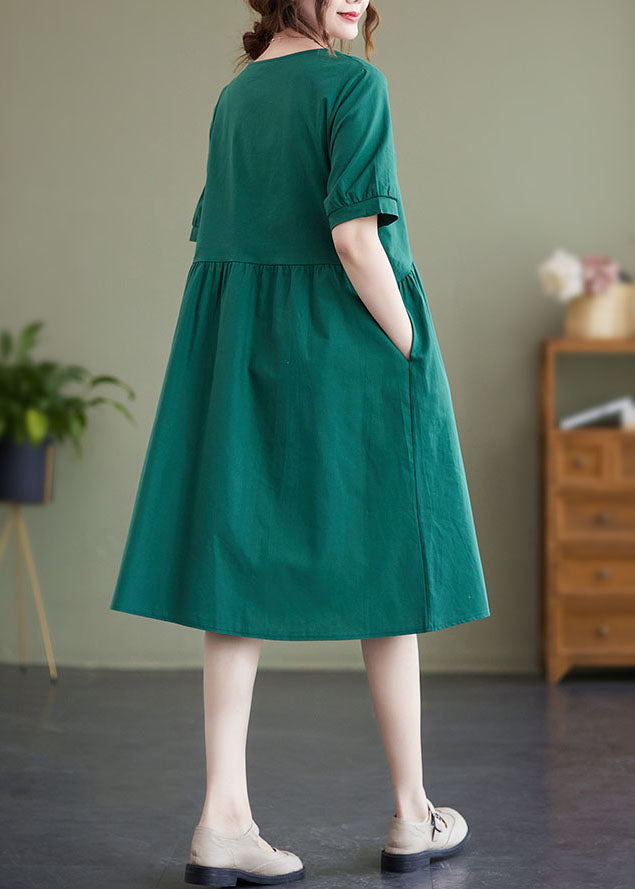 Green Patchwork Wrinkled Button Cotton Vacation Dresses Summer