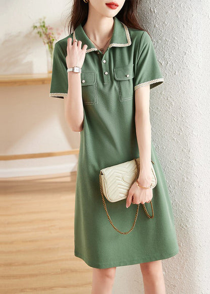 Green Peter Pan Collar Button Patchwork Cotton Dress Summer
