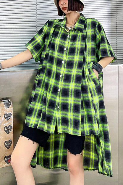 Green Plaid Cotton Buttonlow High Design Summer Maxi Dresses