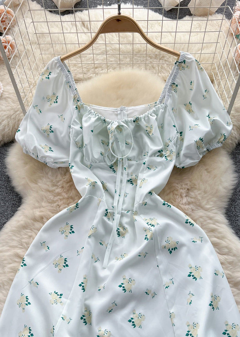 Green Print Lace Up Cotton Dresses Summer