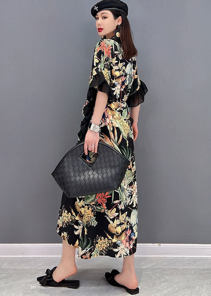 Green Print Ruffled Patchwork Chiffon Long Dress Short Sleeve
