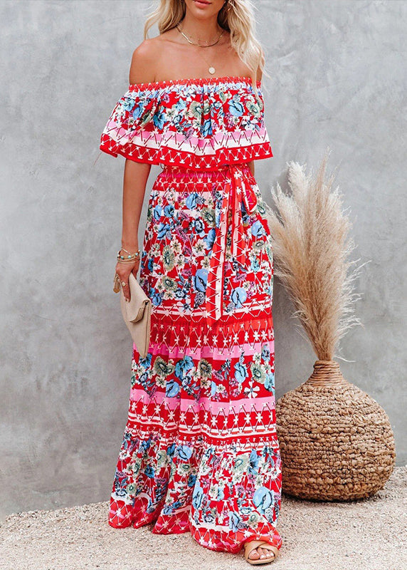 Green Slash Neck Print Cotton Long Dresses Summer