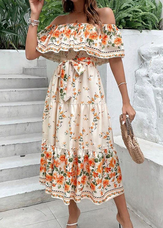 Green Slash Neck Print Cotton Long Dresses Summer