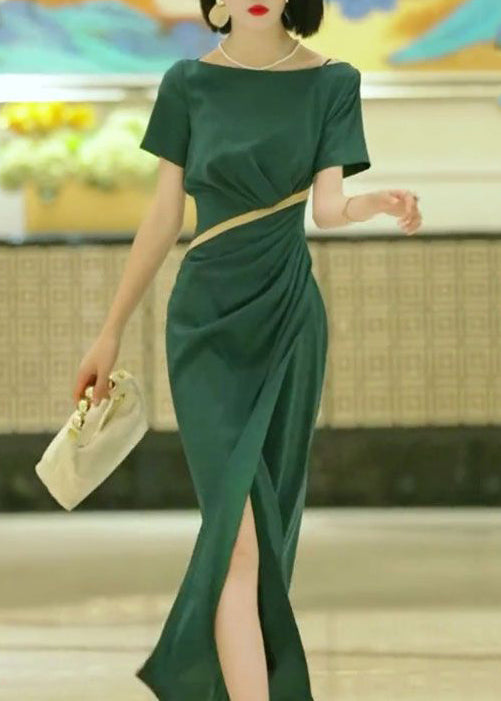 Green Slash Neck Slim Fit Cotton Dress Summer