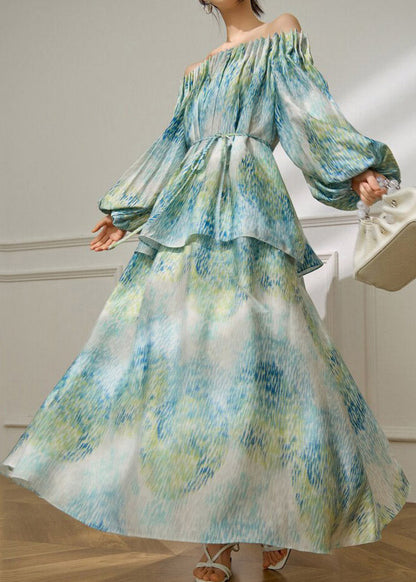 Green Slash Neck Tie Waist Top and Maxi Skirts Spring