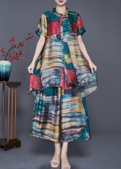 Green Stand Collar Tie Dye Silk 2 Piece Outfit Summer