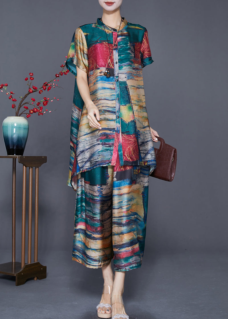 Green Stand Collar Tie Dye Silk 2 Piece Outfit Summer