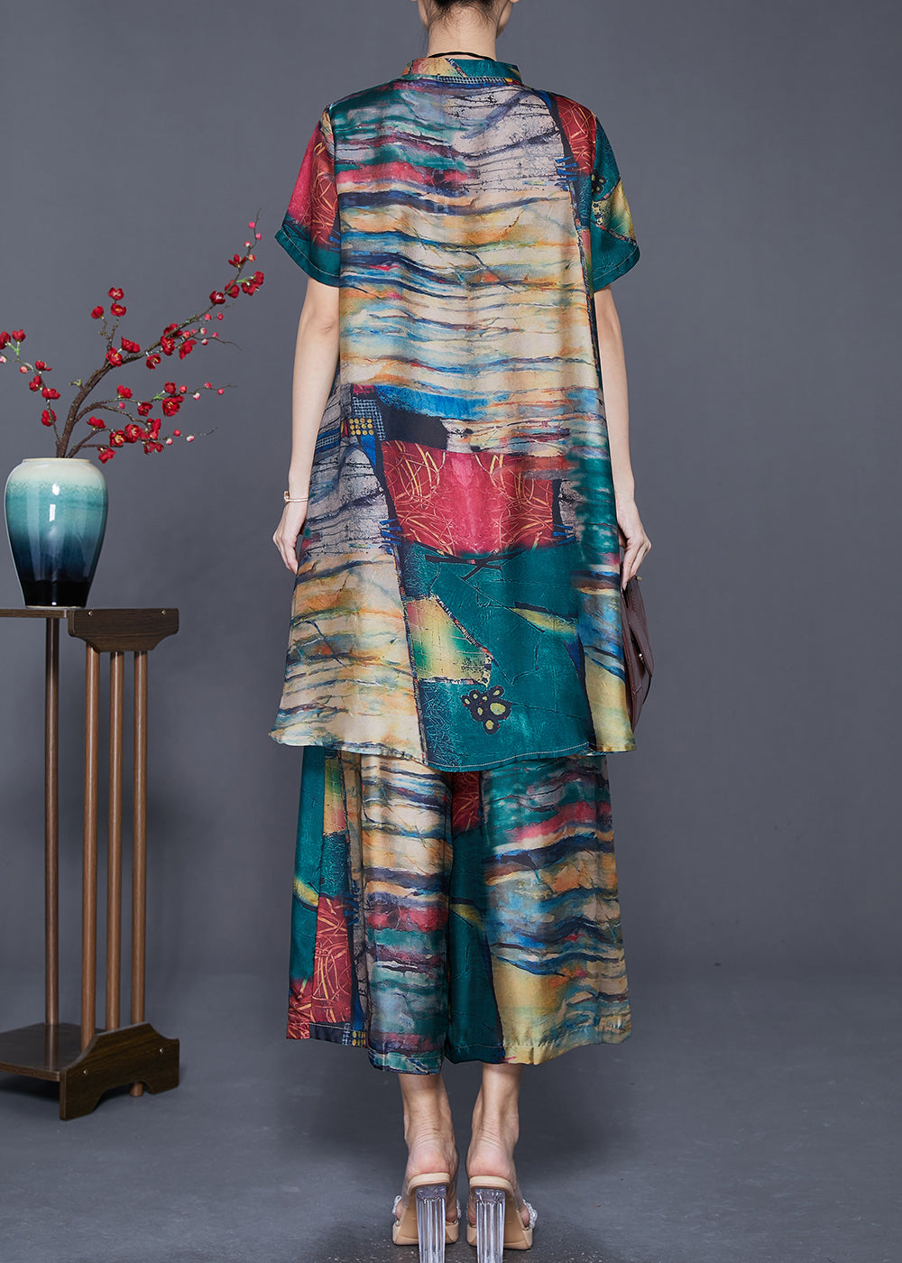 Green Stand Collar Tie Dye Silk 2 Piece Outfit Summer
