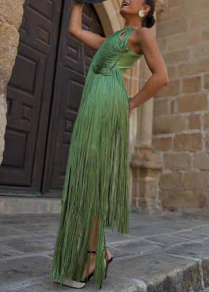 Green Tassel Patchwork Maxi Spaghetti Strap Dress Sleeveless