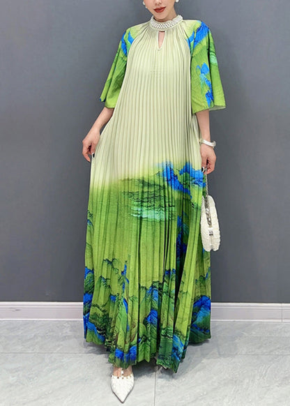 Green Turtleneck Print Tie Waist Maxi Dress Half Sleeve