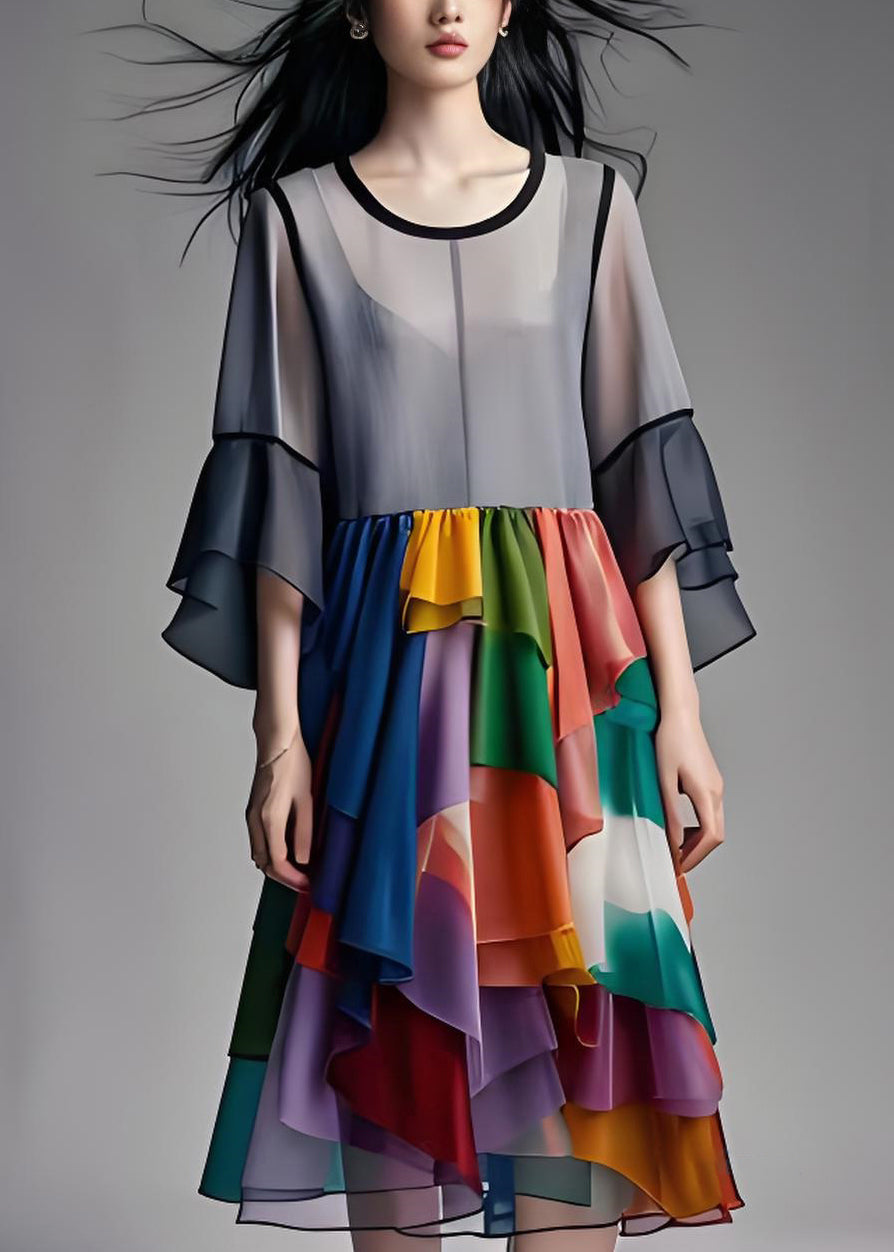 Grey Asymmetrical Design Wrinkled Patchwork Chiffon Dresses Summer