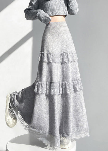 Grey Elastic Waist Lace Patchwork Knit Skirts Winter