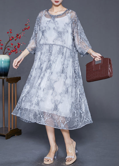Grey Embroideried Tulle Robe Dresses Two Piece Set Summer