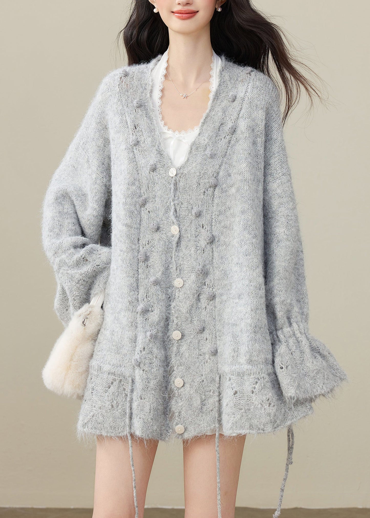 Grey Fuzzy Ball Decorated Drawstring Knit Cardigan Winter