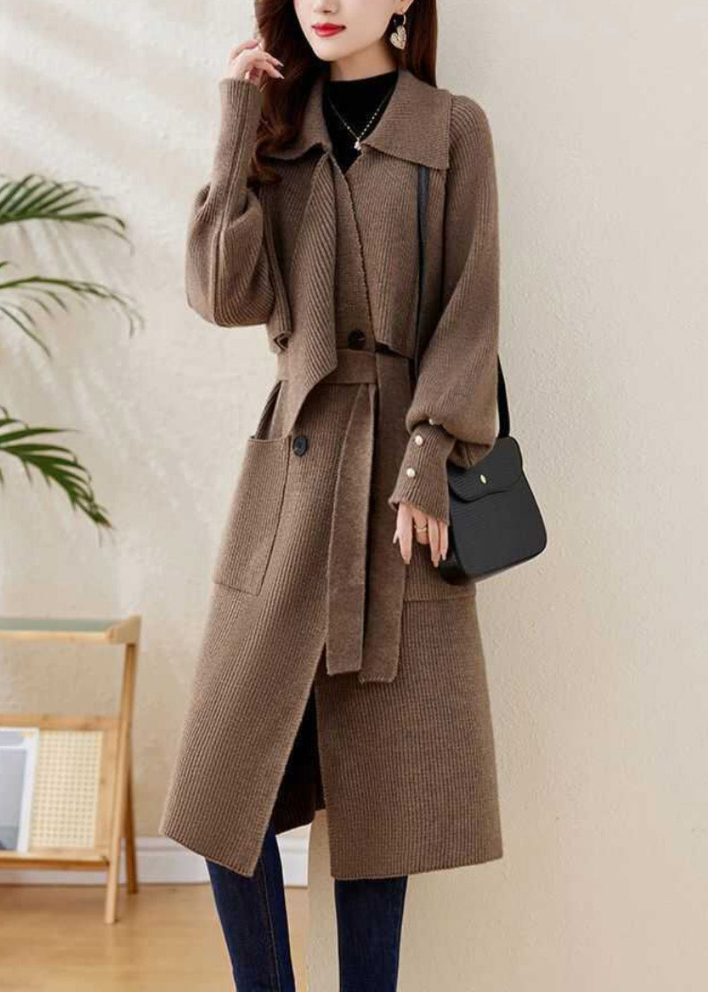 Grey Peter Pan Collar Tie Waist Knit Coats Spring
