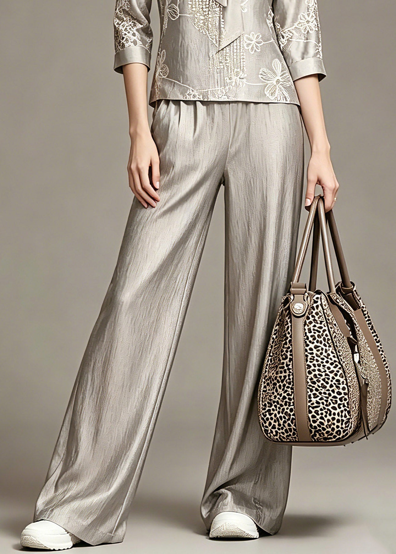 Grey Print Top and Wide Leg Pants Two Piece Set Spring