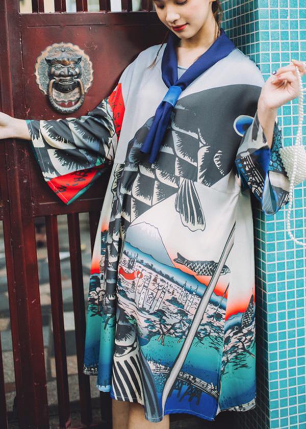 Grey Print V Neck Summer Animal Long Dress Half Sleeve