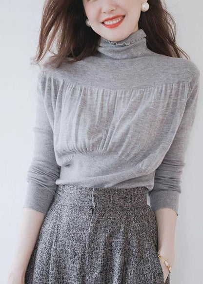 Grey Stand Collar Ruffled Brief Fall Knitted Top