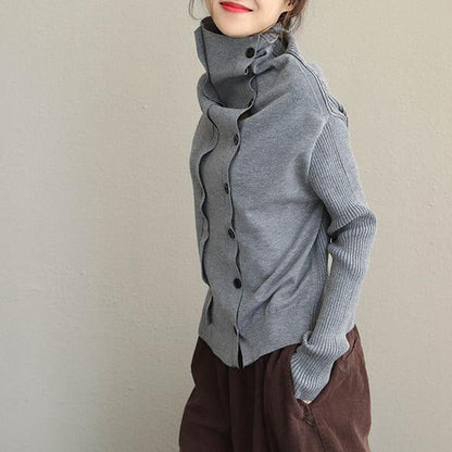 High Neck Button Down Fitted Sweater Tops