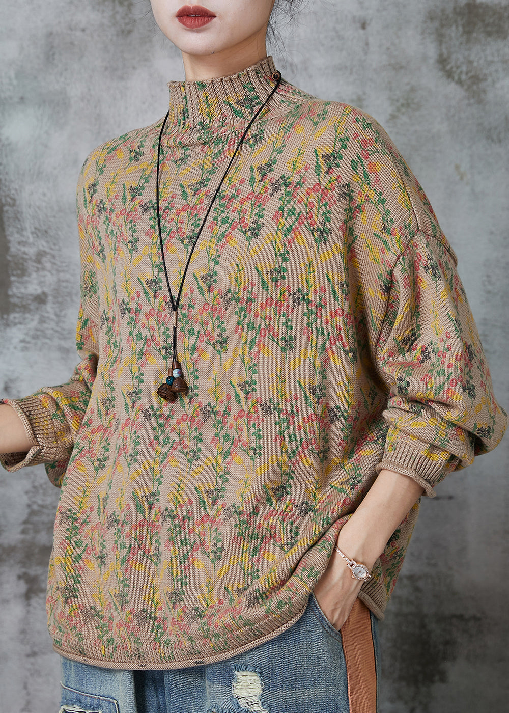 Khaki High Neck Print Knit Sweaters Spring