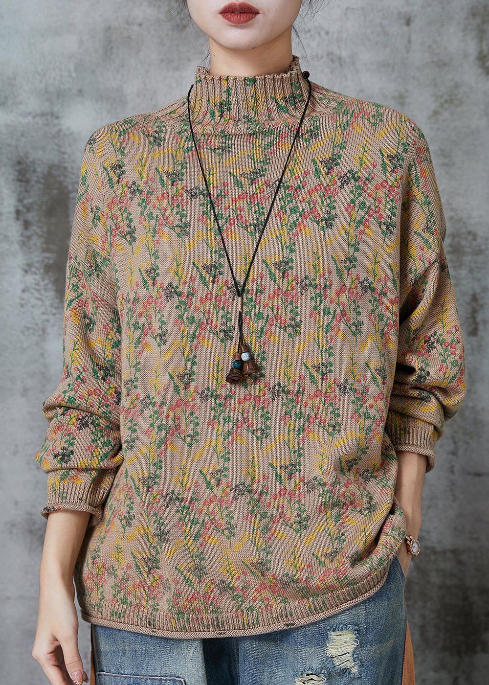 Khaki High Neck Print Knit Sweaters Spring