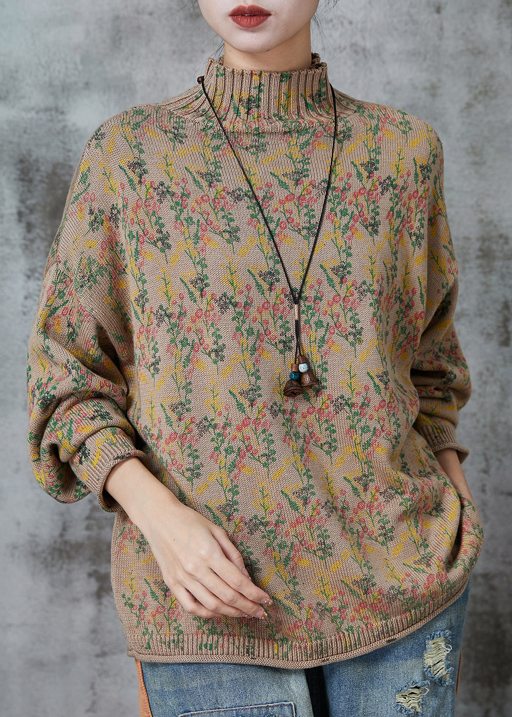 Khaki High Neck Print Knit Sweaters Spring