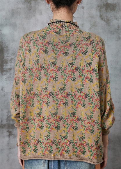 Khaki High Neck Print Knit Sweaters Spring
