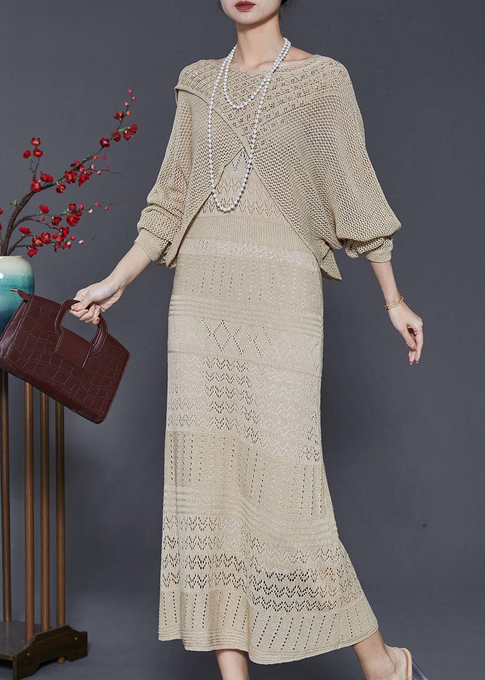 Khaki Hollow Out Knit Dress Two-piece Set Spring