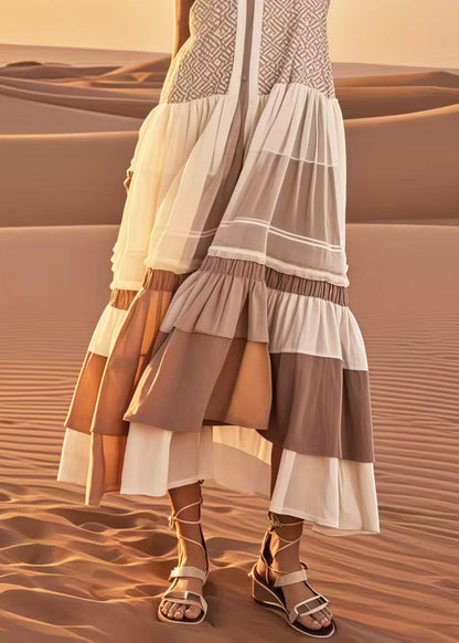 Khaki Print Patchwork Cotton Vacation Dresses Summer