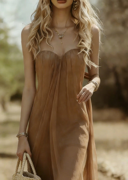 Khaki Strapless Tulle Long Dresses Sleeveless