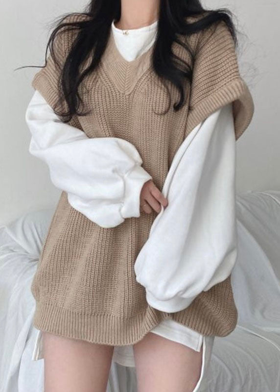 Khaki V Neck Oversized Knit Two Piece Set Outfits Spring