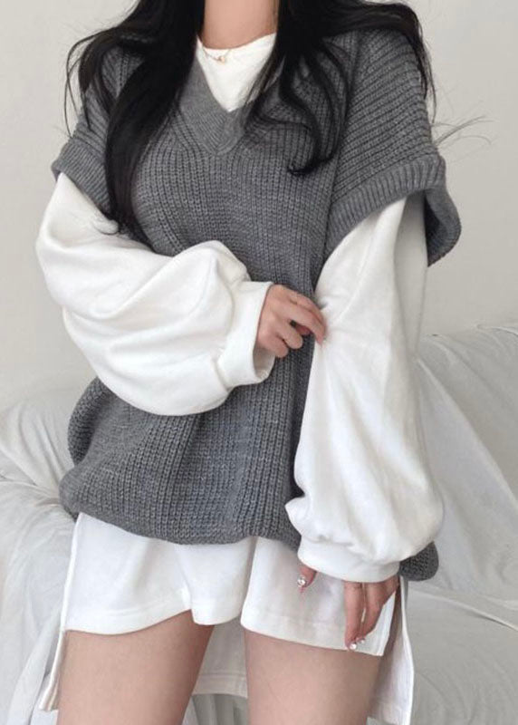 Khaki V Neck Oversized Knit Two Piece Set Outfits Spring