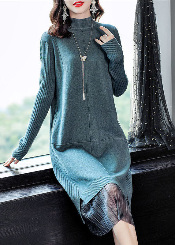 Lake Blue Turtle Neck Patchwork Knit Long Sweater Winter