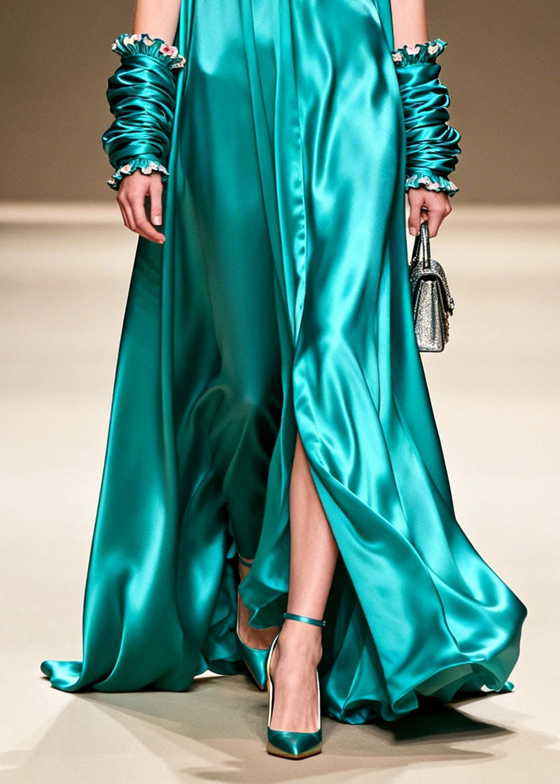 Lake Green V Neck Silk Long Dresses Summer