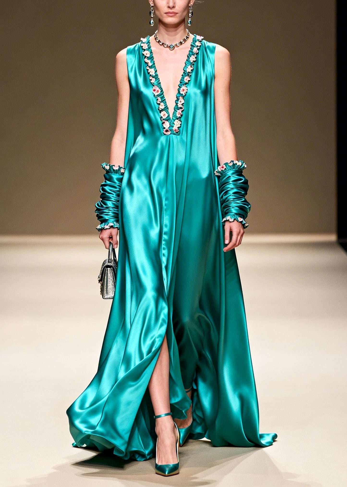 Lake Green V Neck Silk Long Dresses Summer