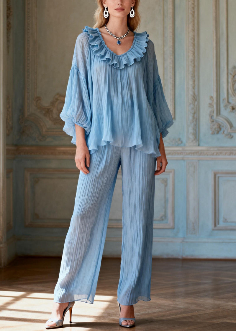 Light Blue O-neck Love Heart Ruffled Two Pieces Set Lantern Sleeve