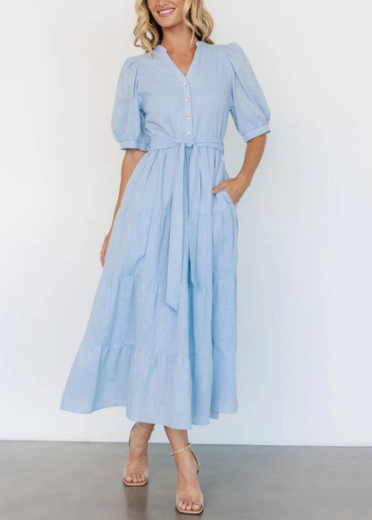 Light Blue V Neck Pockets Cotton Long Dress Summer