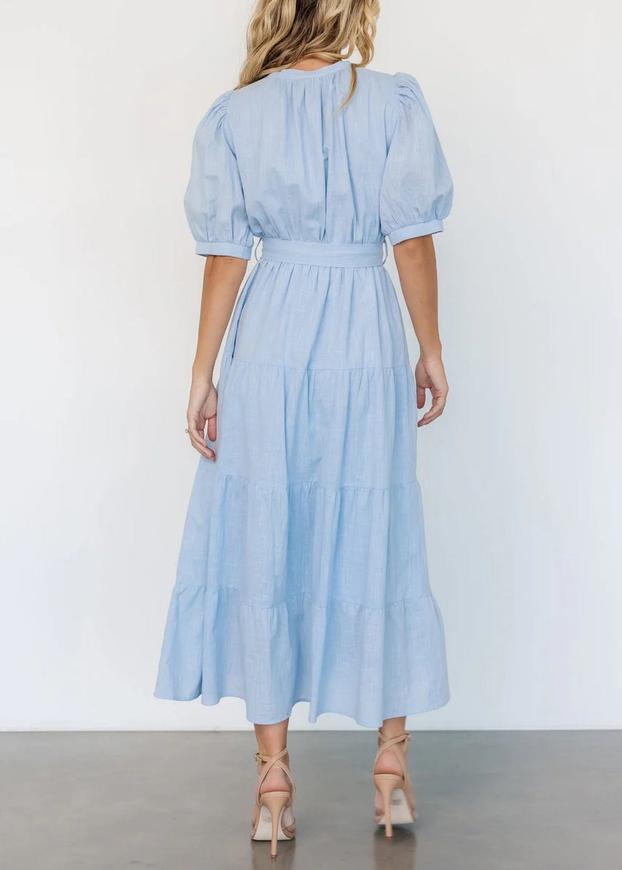 Light Blue V Neck Pockets Cotton Long Dress Summer