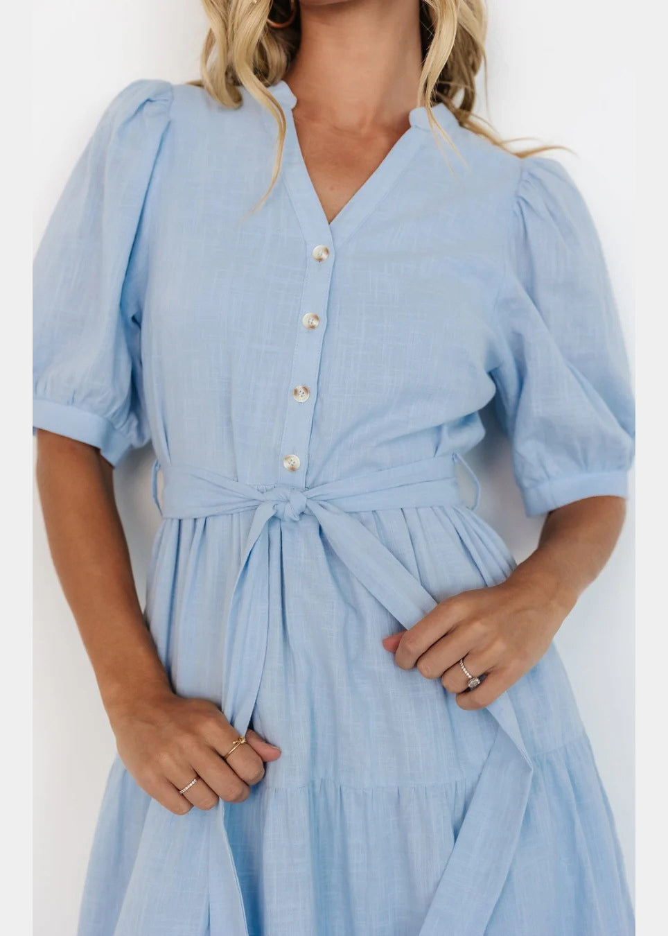 Light Blue V Neck Pockets Cotton Long Dress Summer