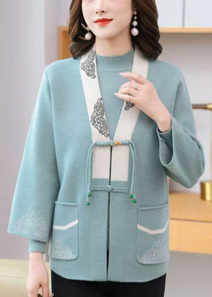 Light Blue V Neck Print Tassel Cotton Knit Cardigans and Sweaters Two Pieces Set Spring