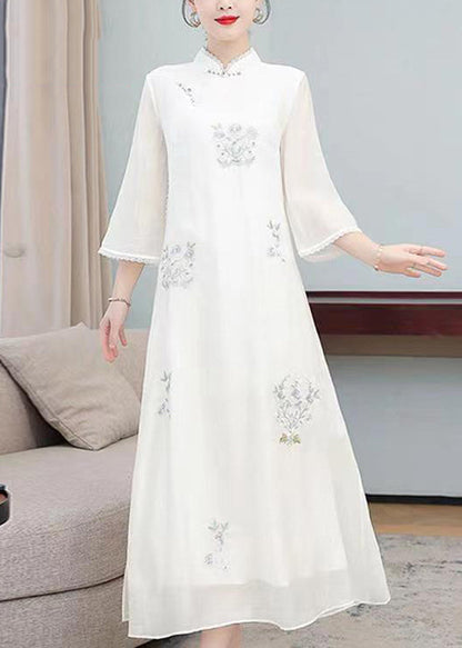 Light Green Stand Collar Embroidered Silk Long Dresses Half Sleeve