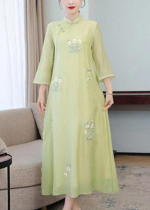 Light Green Stand Collar Embroidered Silk Long Dresses Half Sleeve