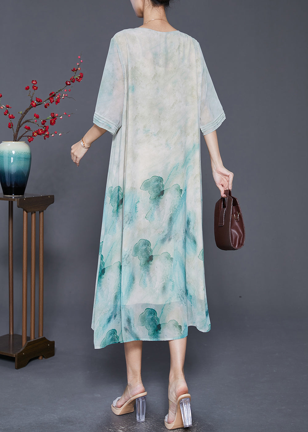 Light Green Tie Dye Wrinkled Chiffon a Line Dresses Summer