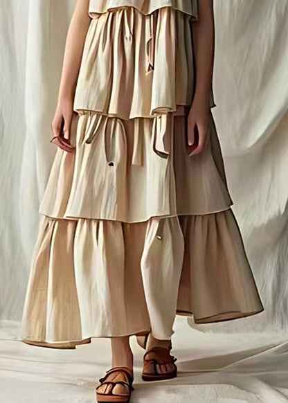 Light Khaki Wrinkled Cotton Spaghetti Strap Dress Sleeveless