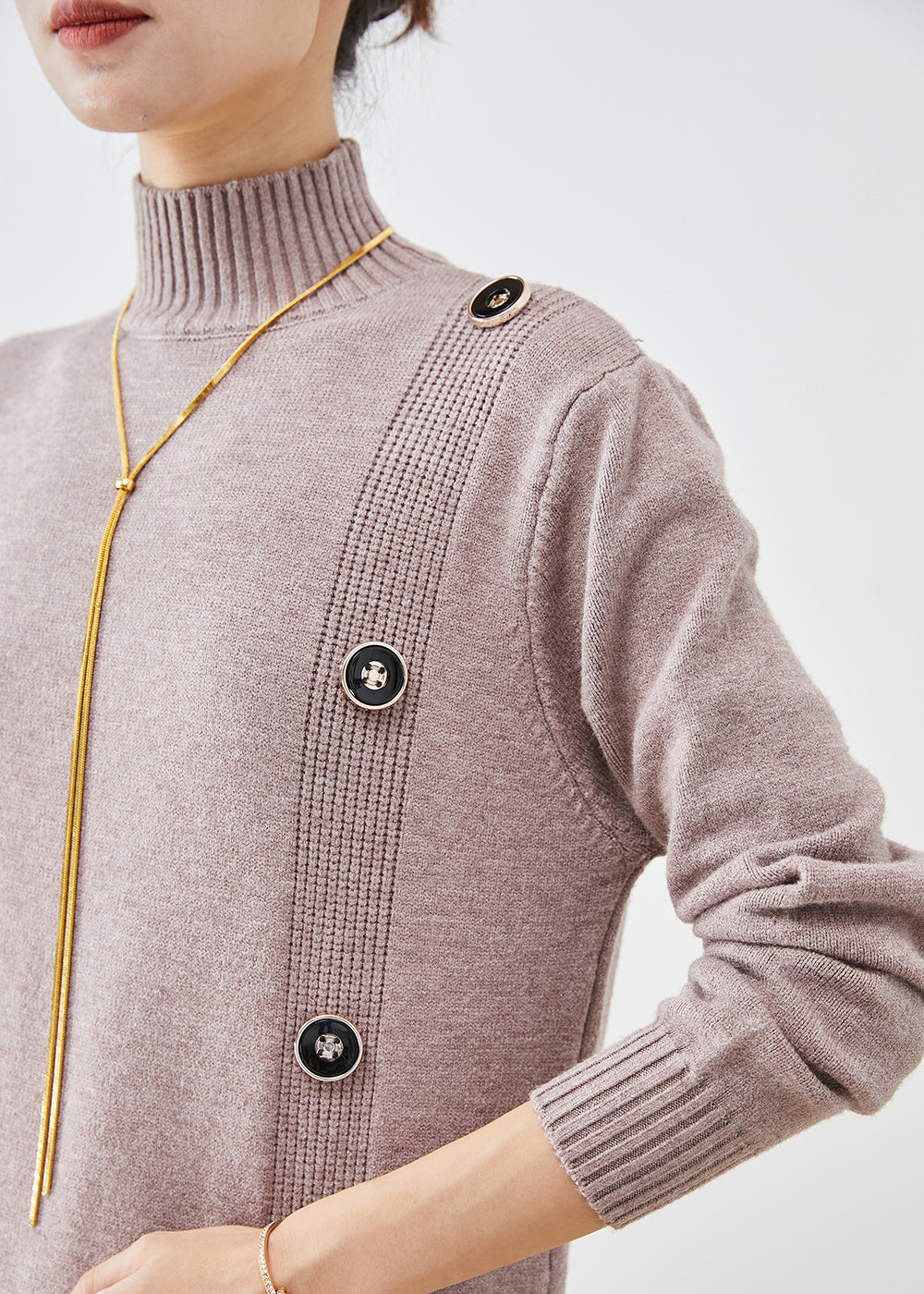 Light Purple High Neck Button Knit Sweater Dress Fall
