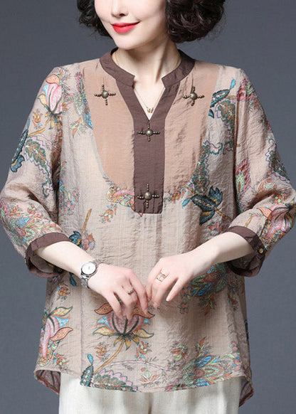 Light Chocolate V Neck Sequined Patchwork Print Chiffon Tops Half Sleeve