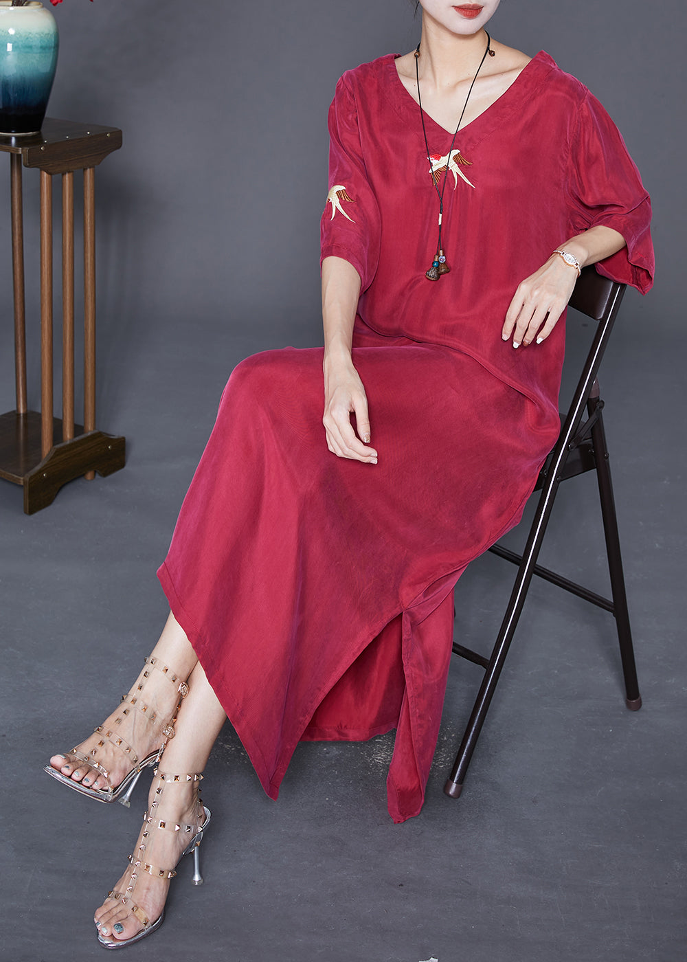 Mulberry Embroidered Side Open Silk Maxi Dresses Summer